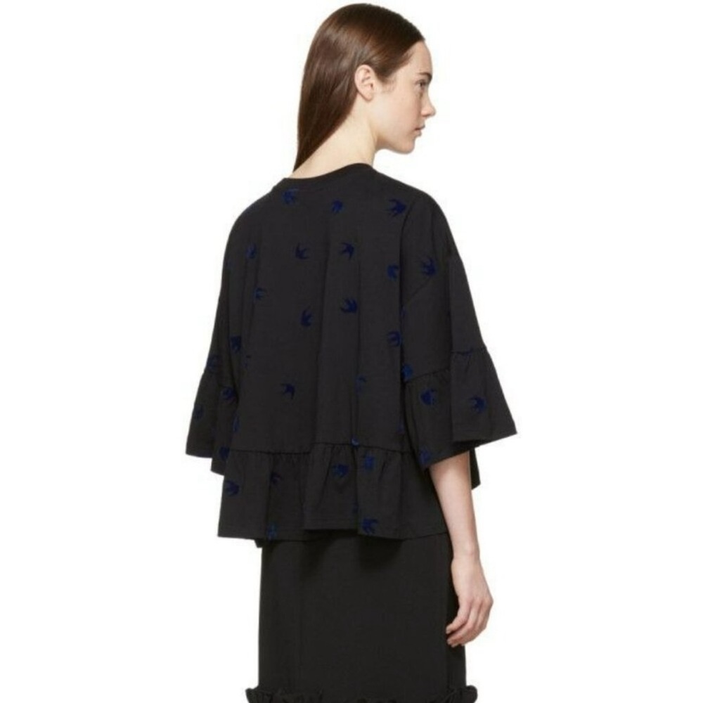 Alexander McQueen McQ Black Blue Velvet Swallow Flock Ruffled T Shirt - Picture 2 of 10
